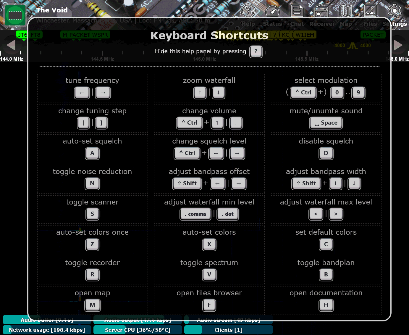 Сочетания клавиш OpenWebRX+